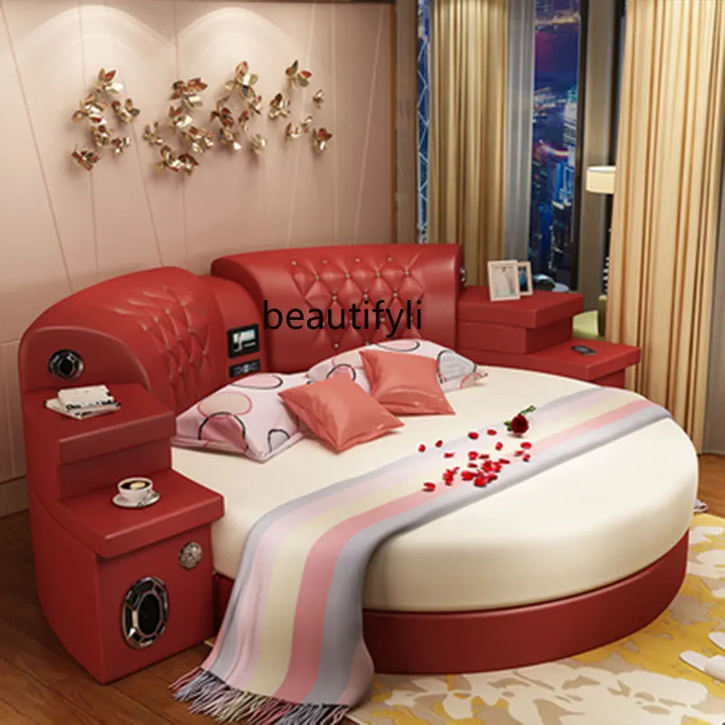 Leather Large round Bed Double Master Bedroom Marriage Bed Hotel European Audio Tatami Leather Art Princess Bed