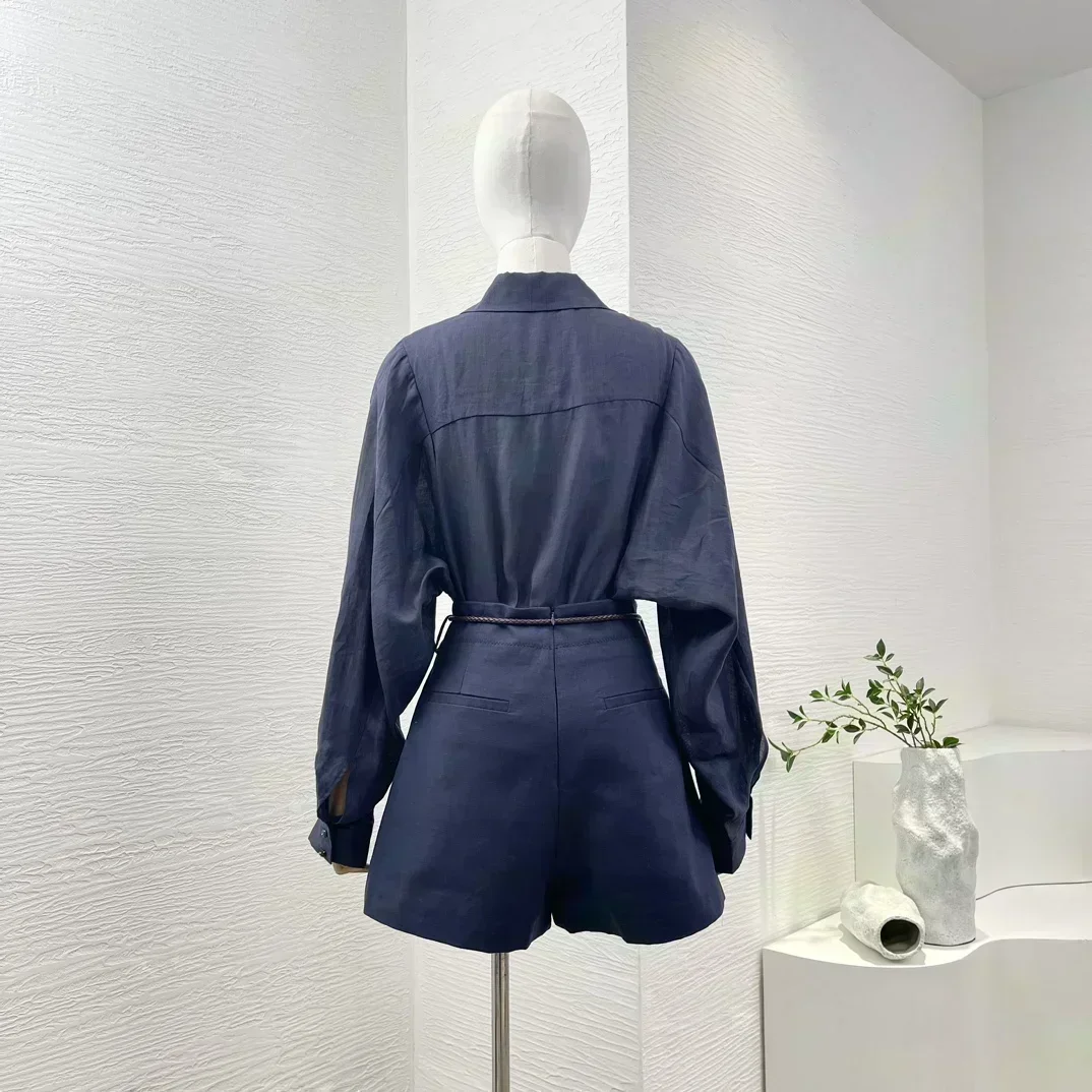 고품질 라미 블라우스 탑과 린넨 반바지 세트 신상 여성 솔리드 클래식 네이비 블루 긴팔