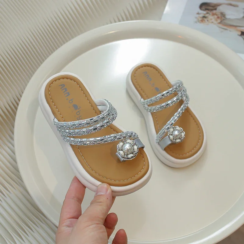 2024 Children Girls' Sandals Summer Fashion Rhinestone Flowers Korean Style Soft Sole Anti-Slippery Outside Elegant Beach Shoes