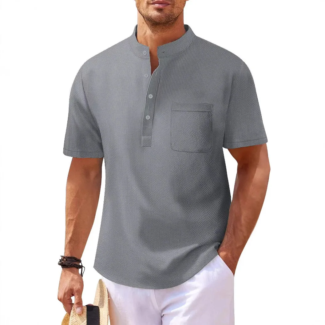 Polo Men's Shirt Short-sleeved Stand Collar Open Button Pineapple Checked Shirt Men's Casual Shirt Top