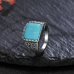 Retro Silver Plated Rings Square Natural 12*12mm Turquoise Finger Ring Women's Fine Jewelry Gift Simple Fashion Style