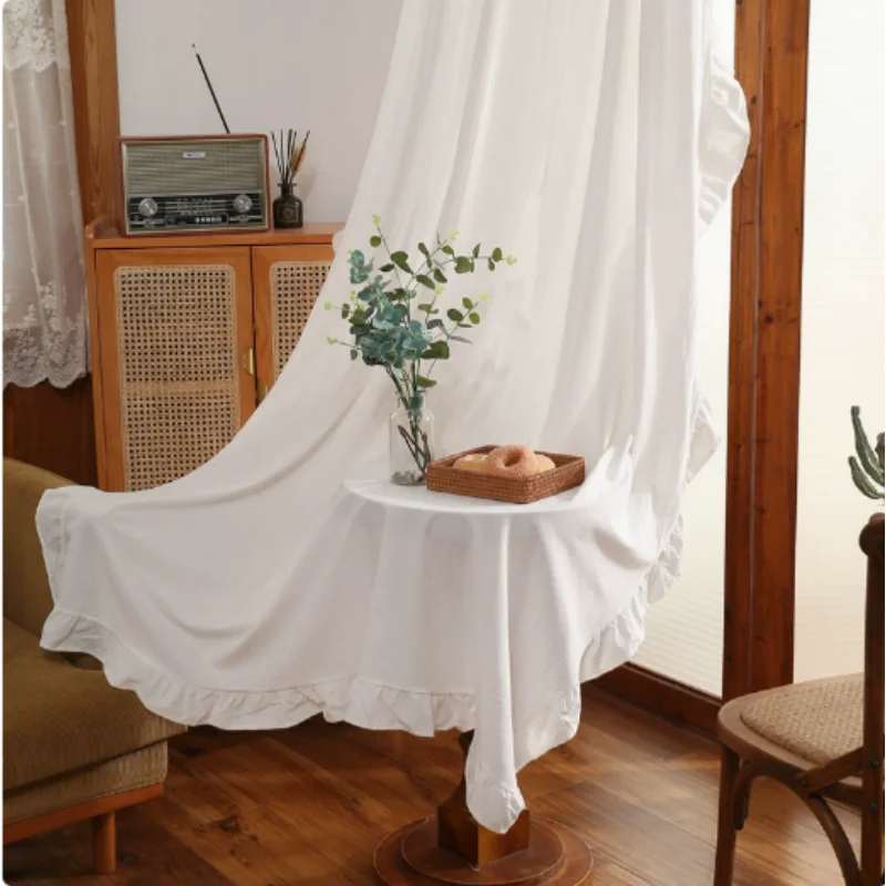 French Style Cotton Finished Curtains With Ruffle Edge White Window Drapes For Home Bedroom Living Room Homestay