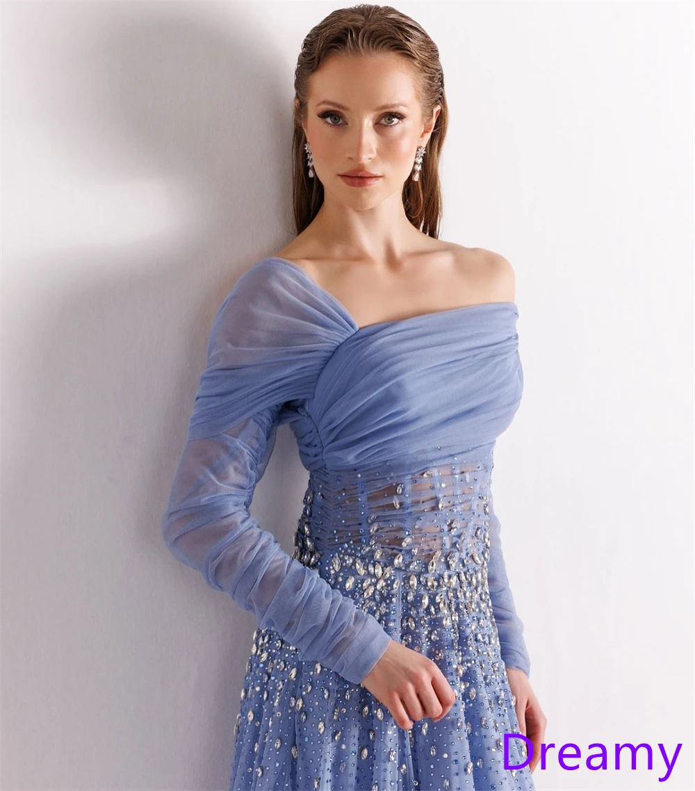 Customized Exquisite Blue Chiffon Evening Dress Square Collar Long Sleeves Celebrity Gowns Bespoke Occasion Gowns Crystal