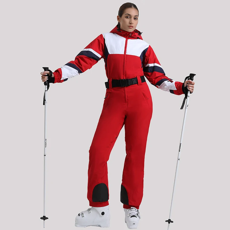 Outdoor Sport Mountain Female Ski Jumpsuit Winter Waterproof Hooded Women One Piece Snow Suits Warm Hiking Snowboard Overalls