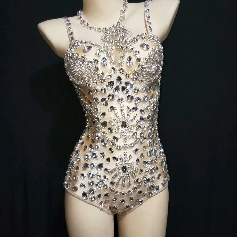 Sexy Crystals nude Strip Bodysuit Sparkly Crystal rompers women jumpsuit Female Singer Nightclub Wedding Stage Leotard Costume