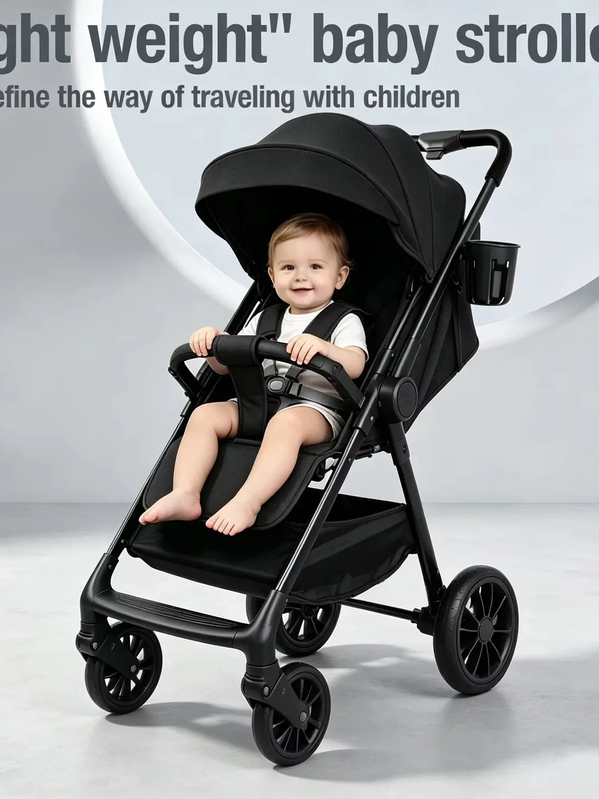 Robuster Kinderwagen aus Kohlenstoffstahl mit 360-Grad-Universalrädern und Stoßdämpfung, Tragbarer, umwandelbarer Sitz-Liegefunktion, Einhand-Faltmechanismus, Leichter Reisebuggy mit Getränkehalter