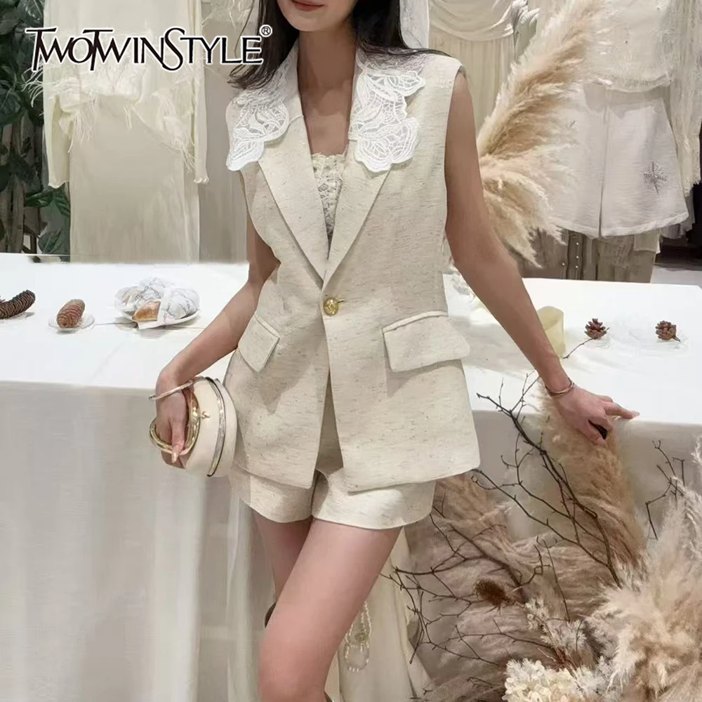 

TWOTWINSTYLE Solid Spliced Lace Two Piece Set Female Lapel Sleeveless Jacket Casual Basics Women's Pants Set Summer Fashion New