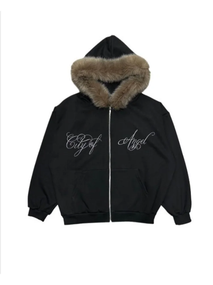 2026 Autumn Winter Y2K Grunge Faux Fur Hood Zip Up Hoodie Letter Embroidery Oversized Long Sleeve Streetwear Sweatshirt