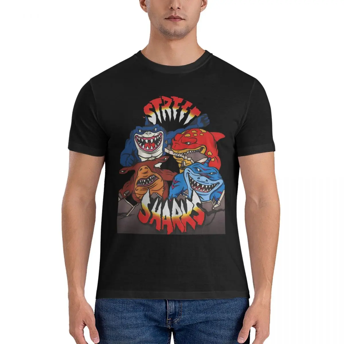 Novelty Street Sharks Grouop T-Shirt for Men Crew Neck Pure Cotton T Shirt Street Sharks Short Sleeve Tees Unique Tops