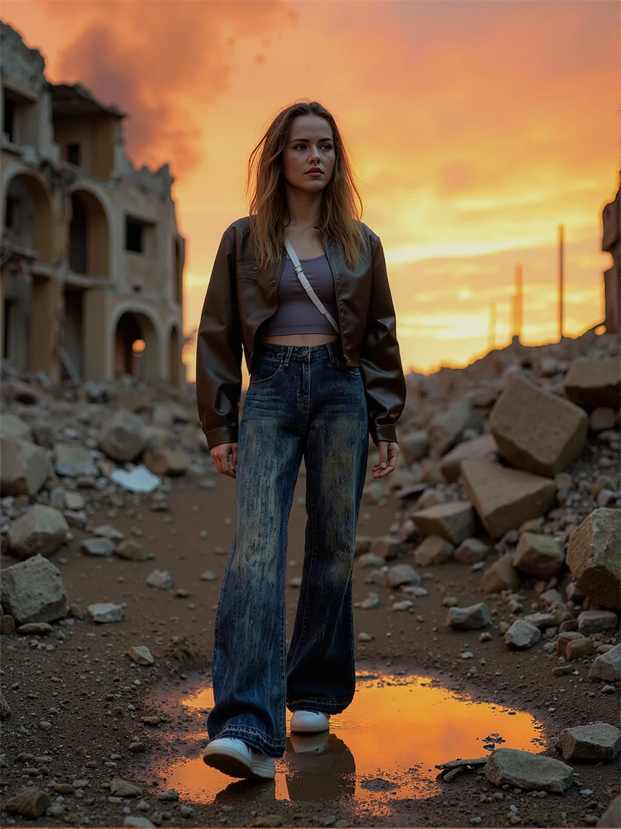 Flared Distressed Jeans Pants For Woman Denim Women Clothes Washed Loose Casual Streetwears Ins Vintage Retro Versatile Lace-Up