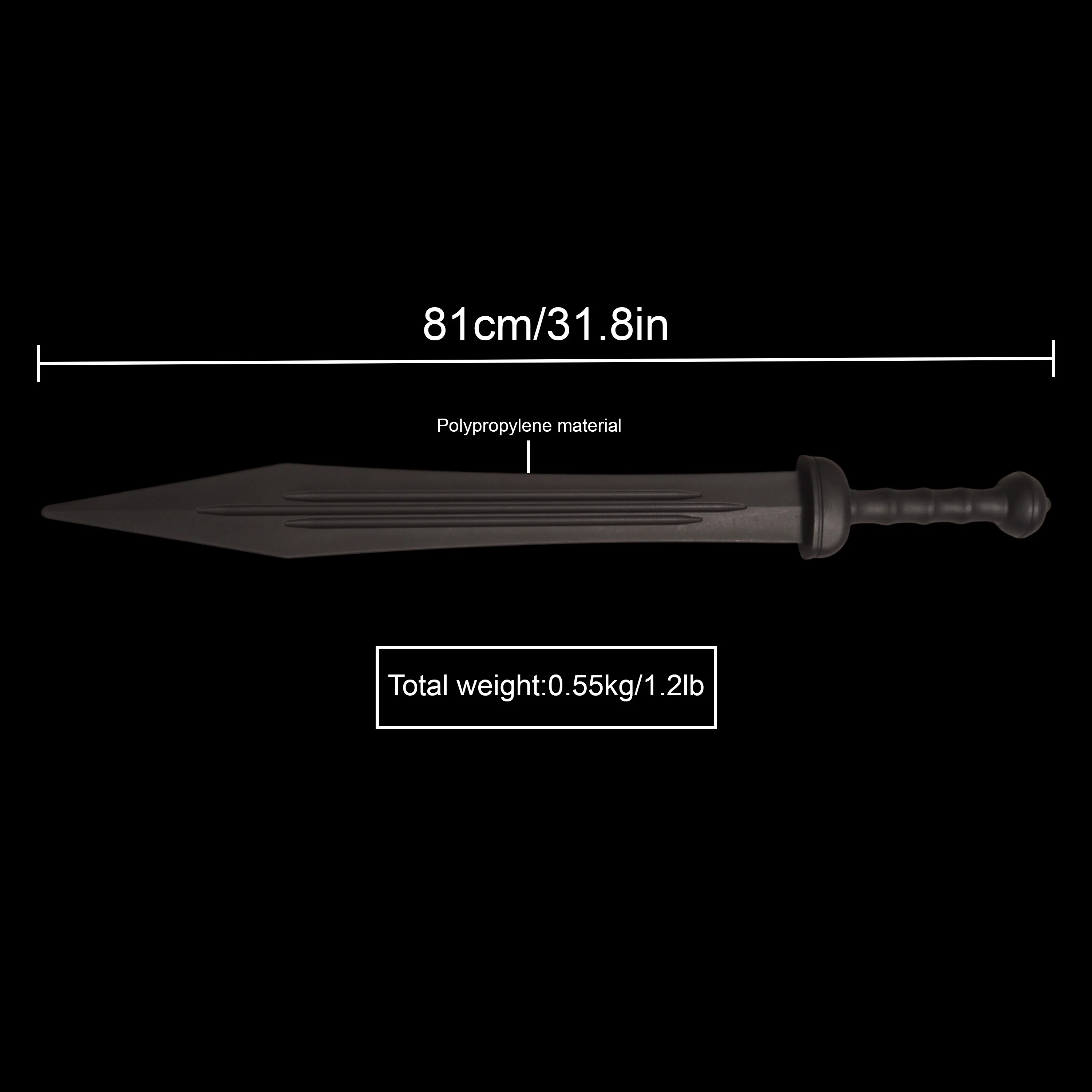 32インチローマンソード、黒刃、プラスチック素材、ロールプレイング、一体型デザイン、トレーニングソード、コレクションに不可欠