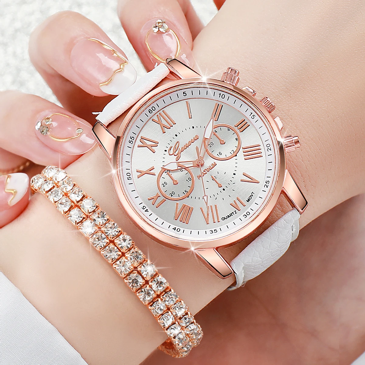 6PCS/Set Geneva Women Watches Casual Leather Band Quartz Wrist Watch Diamond Jewelry Set(Without Box)