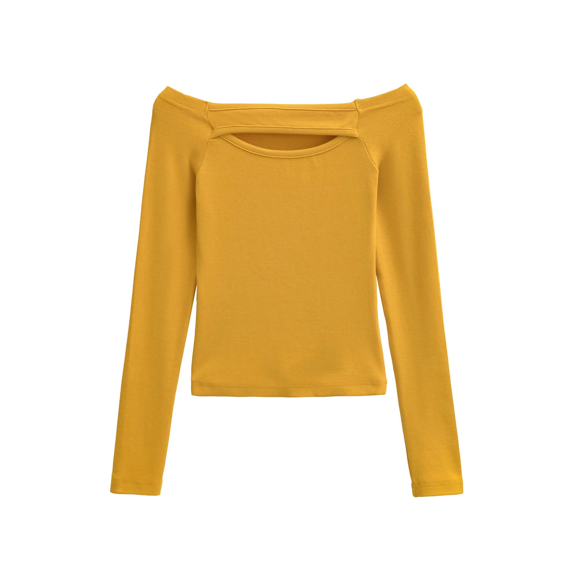 Hot girl fashion slim-fit sexy off-shoulder two-way wear short ribbed hollow-out long-sleeve T-shirt   375T