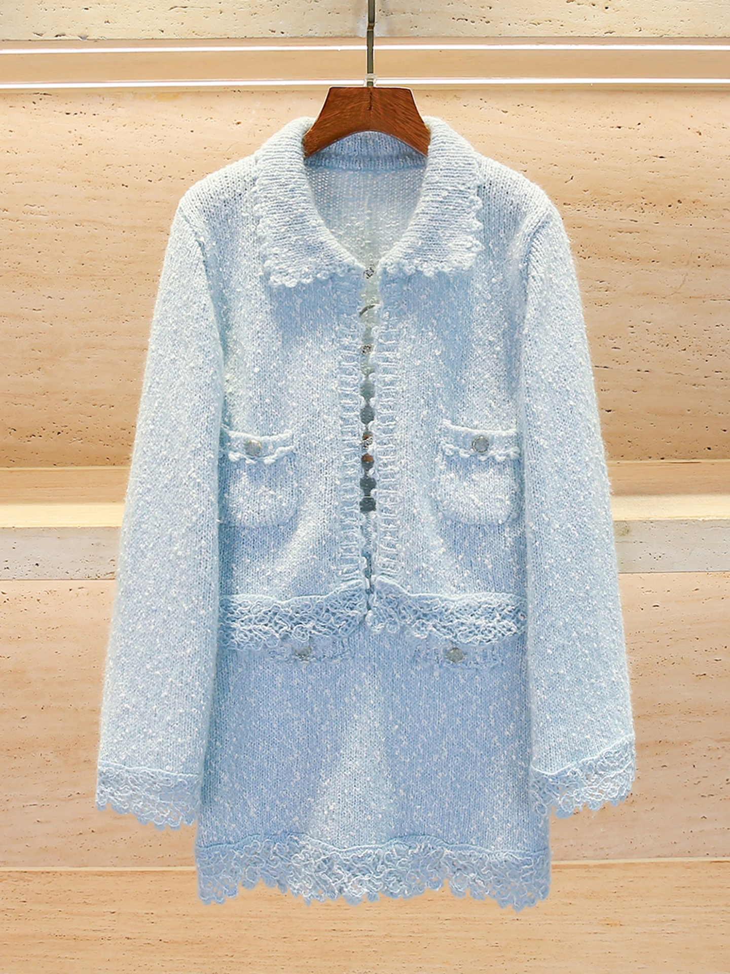 

High-End Women's Spring Knitted Lace Cardigan Coat And f-Skirt Set Turn-Down Collar Faionable Commute Sle Polyester Fiber