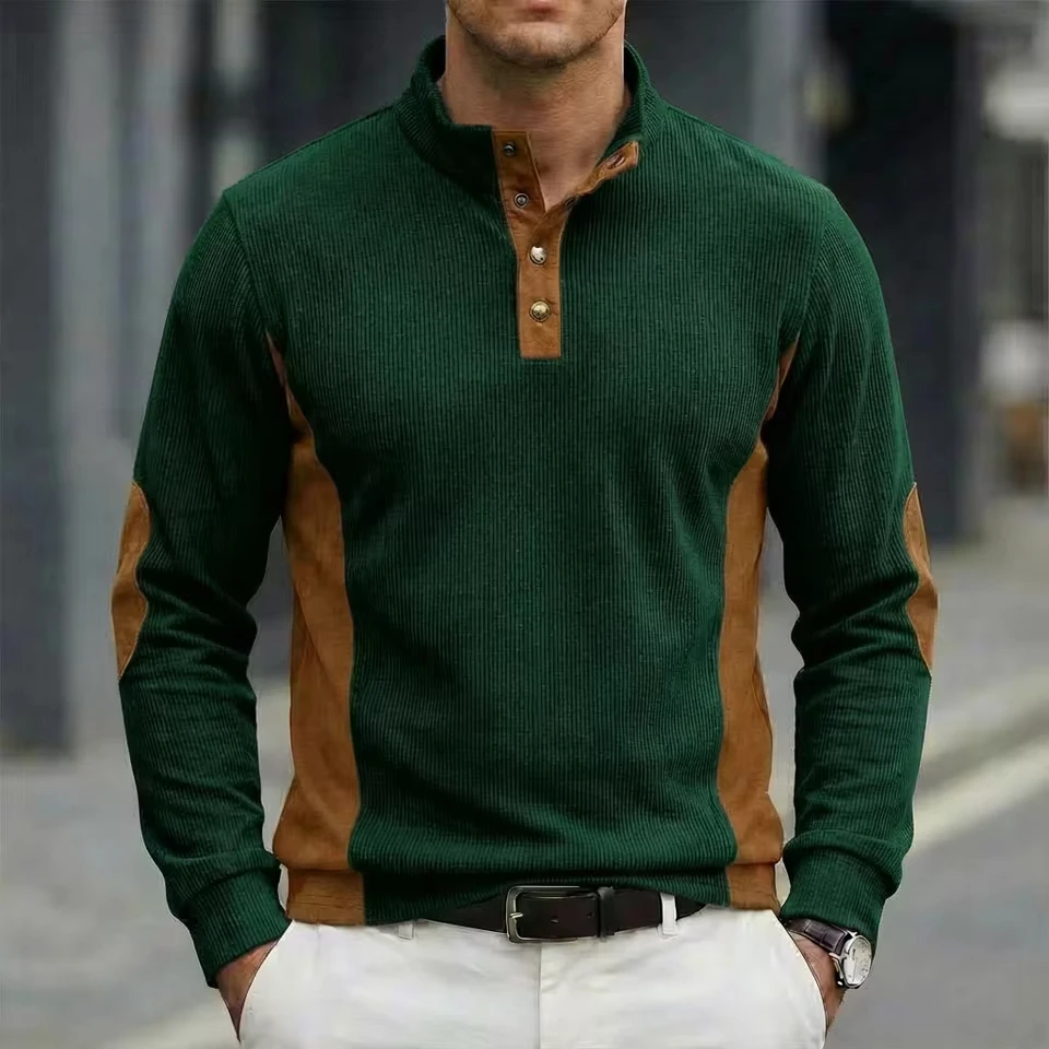Spring And Autumn European Size Men's POLO Shirt Casual Stand Neck Color Matching Long Sleeve Pit Strip Corduroy