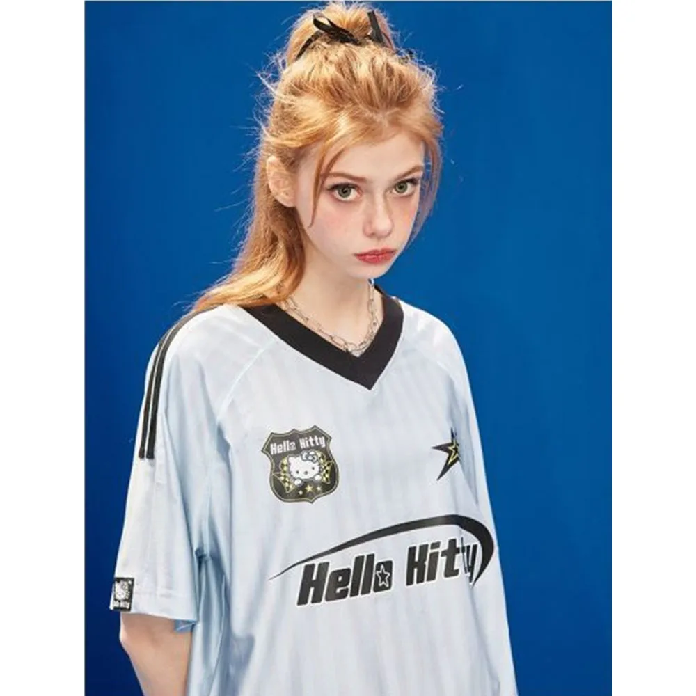 Women's Classic Hip Hop Blockcore Short Sleeve V-Neck Hello Kitty Football T-Shirt lineup Crew Y2K Street Fashion Loose T-Shirt