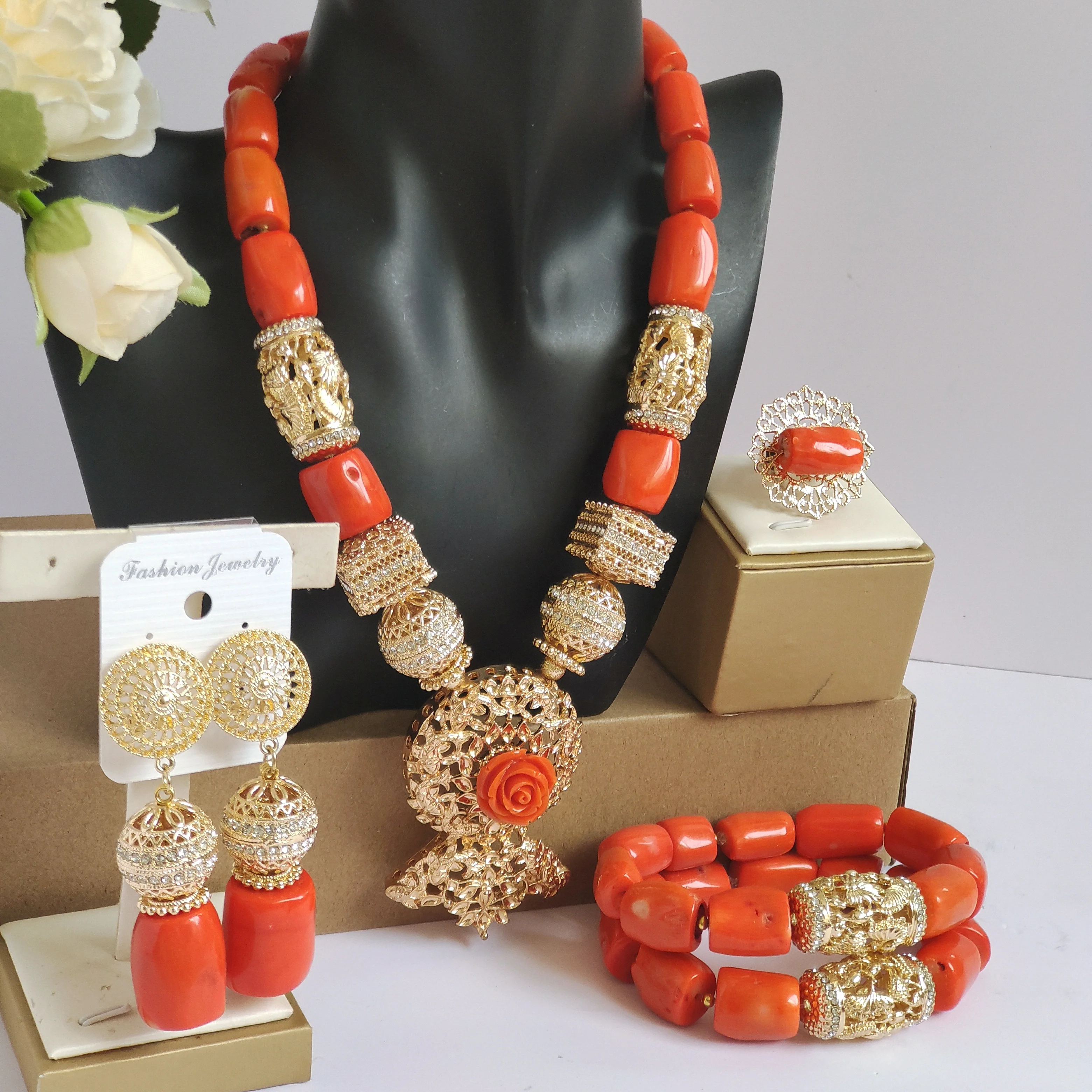 

fashion african necklace natural orange nigerian wedding coral beads bridal jewelry sets