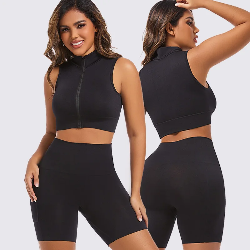 2026 New Breathable Yoga Vest Zipper Sports Set Shockproof Sleeveless 2 Piece Outfits for Running Workout