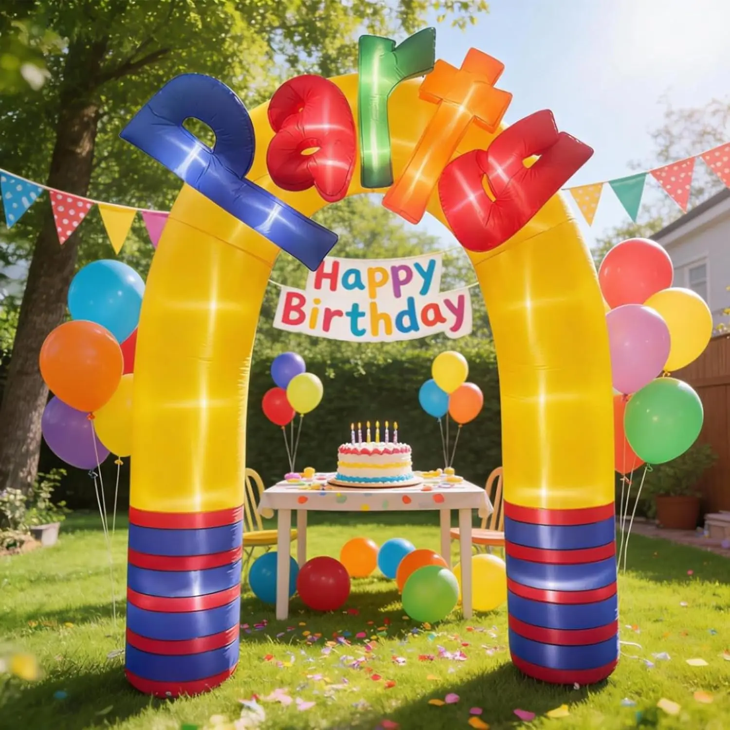 Inflatable Lighted Party Arch 9’ x 10’, “Party” Letter Topper, Sand Bag Base, LED Lights