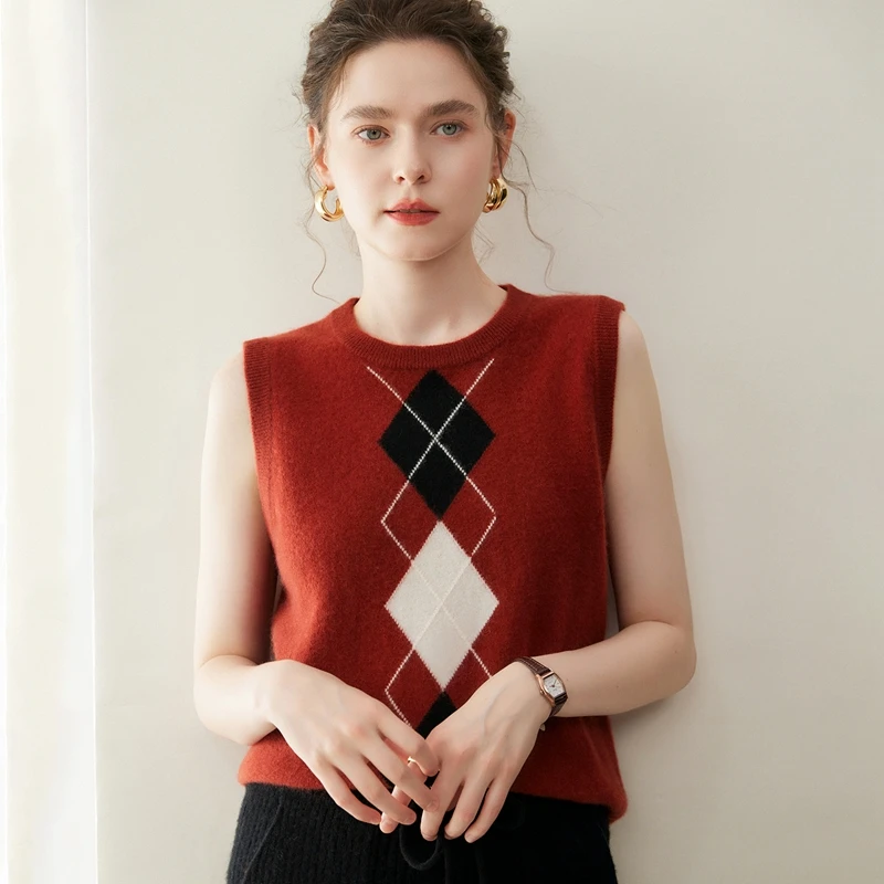 

Женский 100% кашемировый свитер, жилет с круглым вырезом, трикотаж, стеганый ромбовидный узор, кашемировый пуловер без рукавов, весенне-осенний кашемировый топ