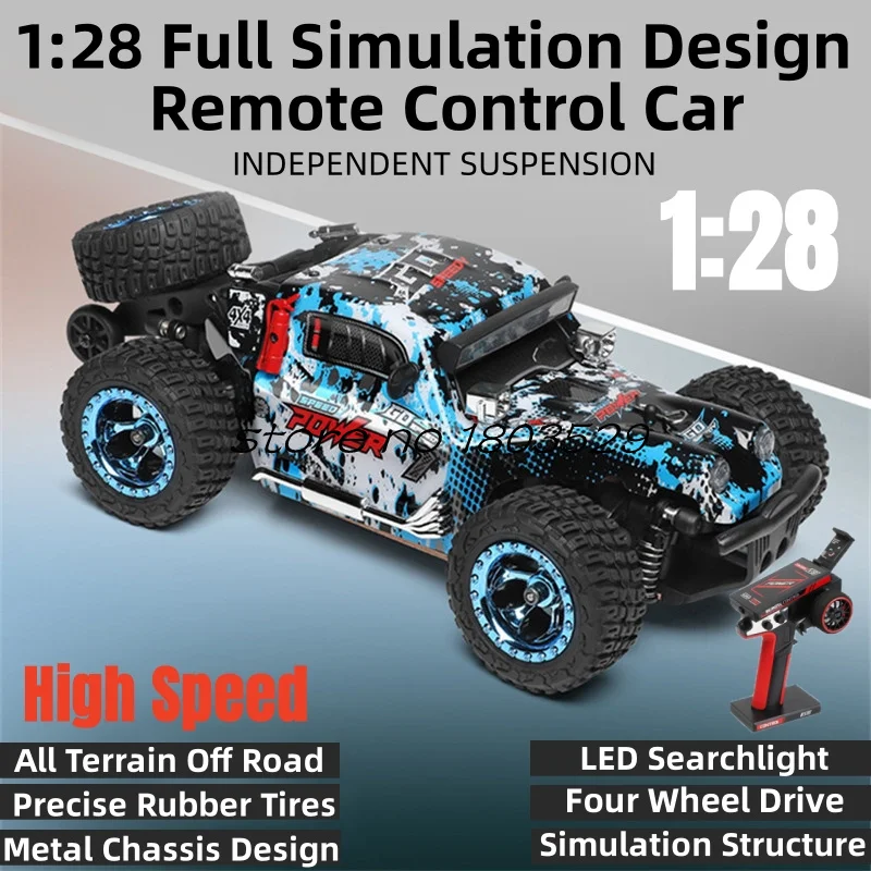 1:28 Full Simulation Design Remote Control Car 4WD Metal Chassis All Terrain Rubber Tires LED Searchlight High Speed RC Car Toy