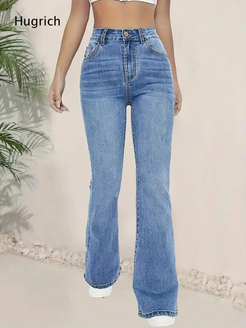 Medium Blue Washed Vintage Bootcut Jeans Women High Waist Single Button Front Zip Loose Straight Leg Casual Long Pants