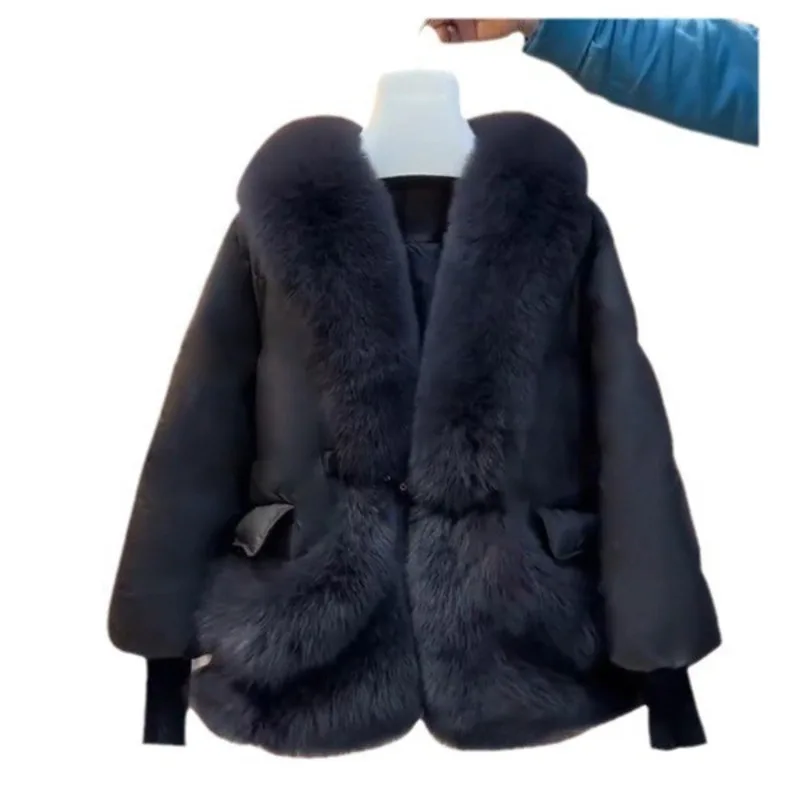 [EWQ] Fashion Spliced Fur Design Brown Cotton-padded Coat Women Winter Keep Warm Thick Flully Parkas Outerwears 2024 New 16O3132