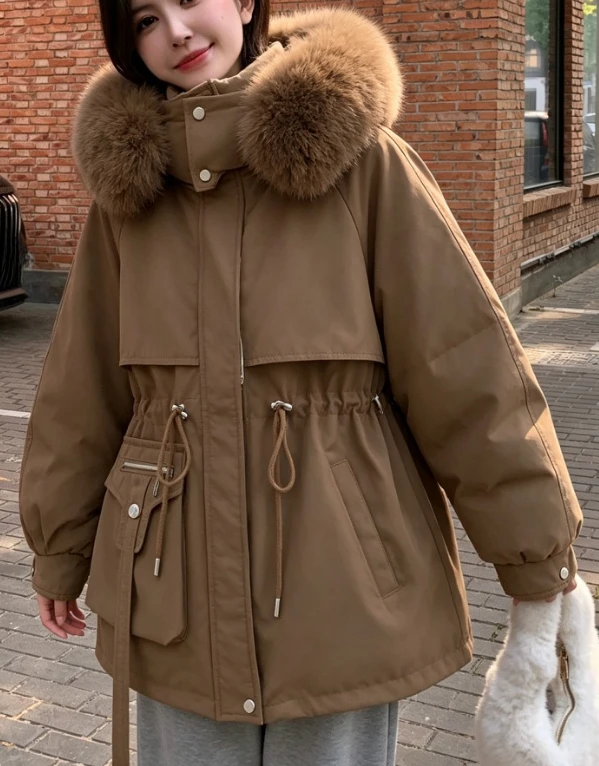 Women Faux Fur Collar Lace Up Parkas Autumn Winter Loose Short Coats Pocket Warm Casual Commute Lady Daily Outerwear