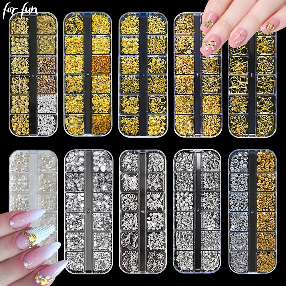 

For Fun 12Grids Mixed Gold Silver Metal Nail Art Decoration 3D Starfish Shell Semicircle Round Bead Rhinestones Rivet DIY Nail