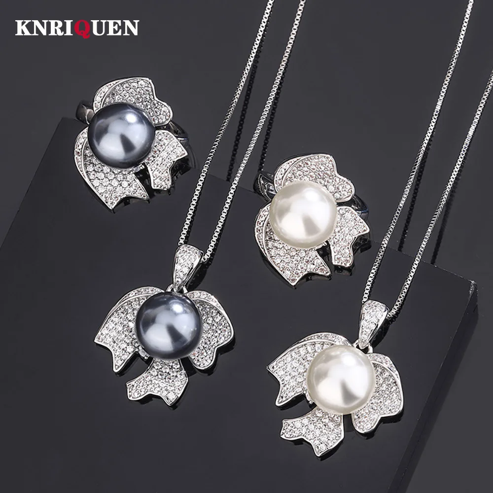 

Sparkling 12mm White Black Pearl Lab Diamond Pendant Necklace Rings for Women Anniversary Wedding Party Jewelry Sets Wholesale