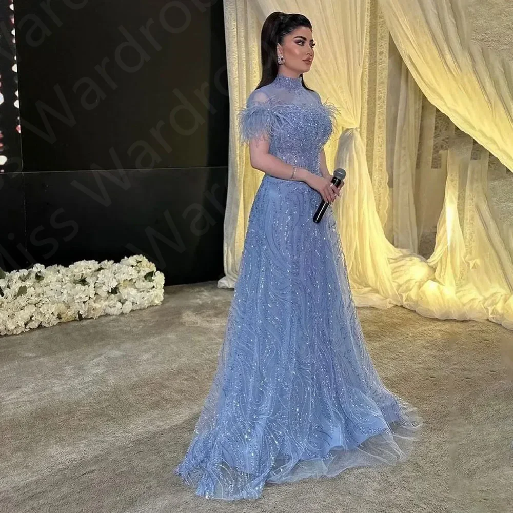 Sky Blue Prom Dresses High Neck Pleated Beading Saudi Arabia Evening Dresses Floor Length Customized Feathers Wedding Dress