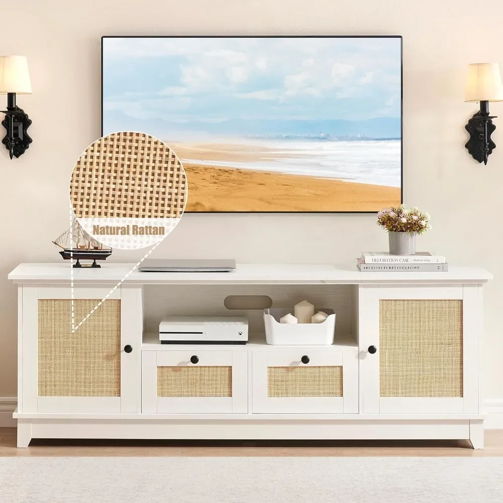 TV Stand for 65+ Inch TV, Rattan Entertainment Center Media Console Table, Modern Stand w/ Storage & Mesh Door, Console Cabinet