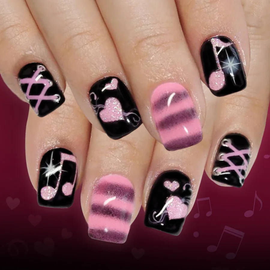 24pcs Y2K Fake Nails with Lovely Black Heart Designs Reusable French False Nails Full Cover Short Press On Nails for y2k Girls