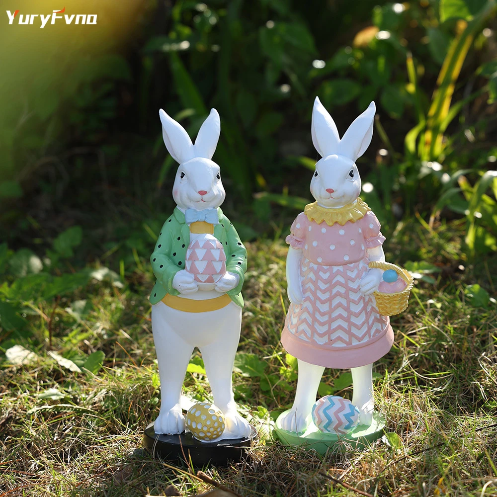 YuryFvna Easter Bunny Figurine Decor Standing Resin White Rabbit Couple Statue Tabletop Ornament Festival Present for Garden