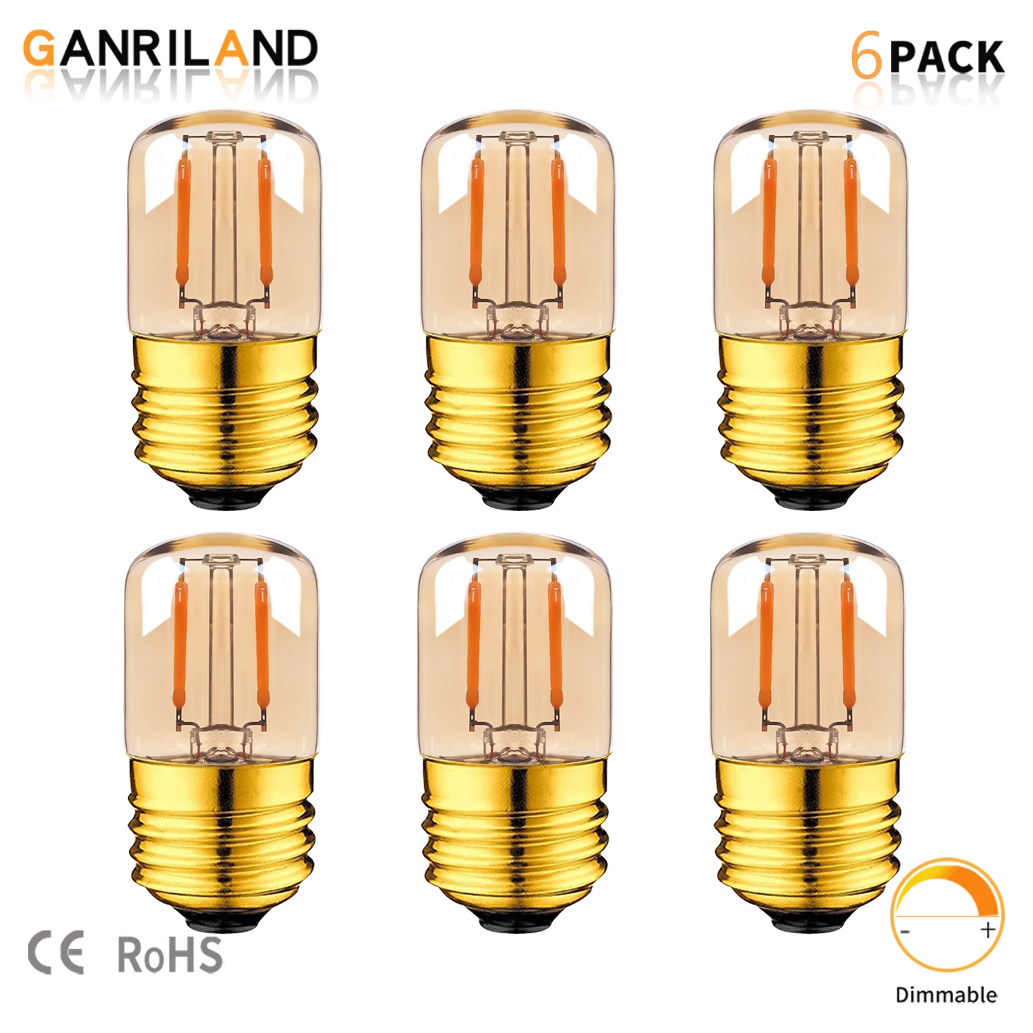 GANRILAND E27 Tubular Led Light Bulbs Gold Tint Warm White 2200K Low Watt 1W 110V 220V Dimmable Indoor Decor Vintage Small Bulb