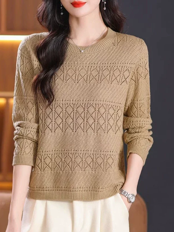 

Весенний новый ажурный вязаный свободный женский свитер с длинным рукавом, удобный, с круглым вырезом, для невысоких женщин