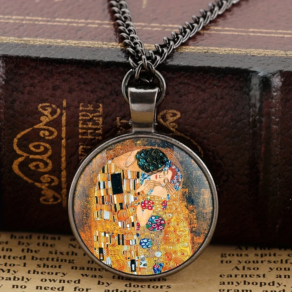 1pc Bronze Plated Glass Alloy Pendant Necklace, Vintage Painting Collection Necklace Accessories For Men