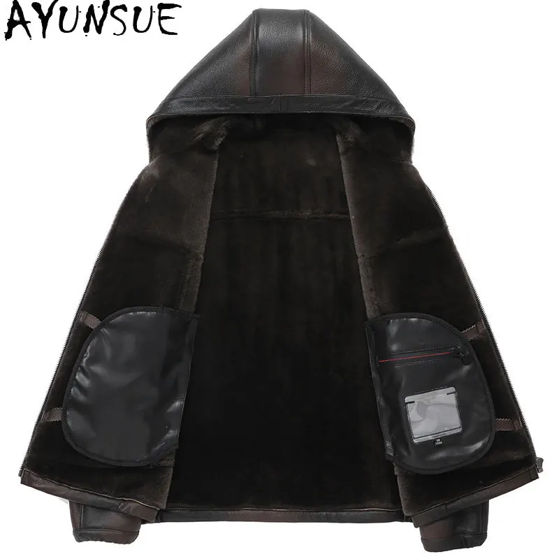 AYUNSUE Men Fur Coat Luxury Genuine Leather Jacket Men Winter Mens Clothing Casual Warm Natural Sheepskin Fur Jacket Hooded