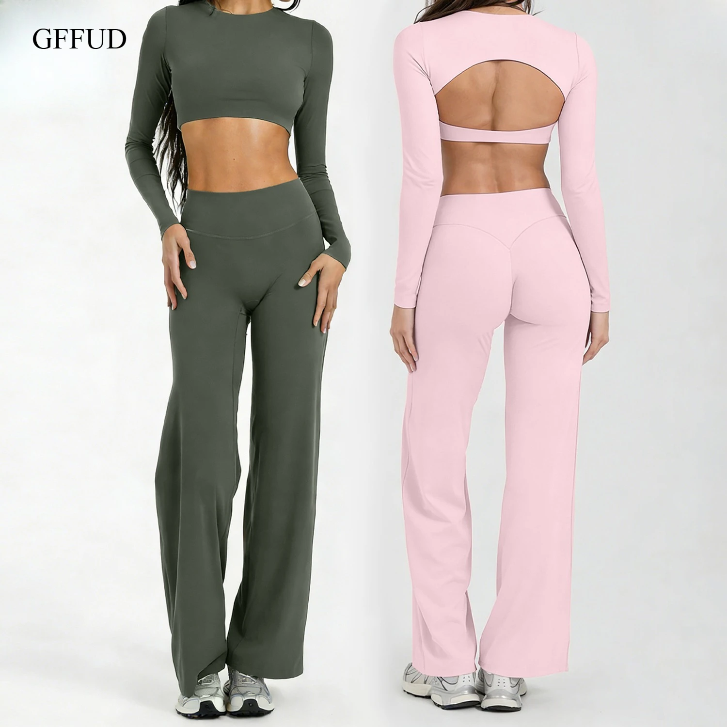 

Running Sportswear Women 2 Piece Set Short Cropped Long Sleeve Top Straight Leg Yoga Pants Breathable Quick Dry Gym Suit