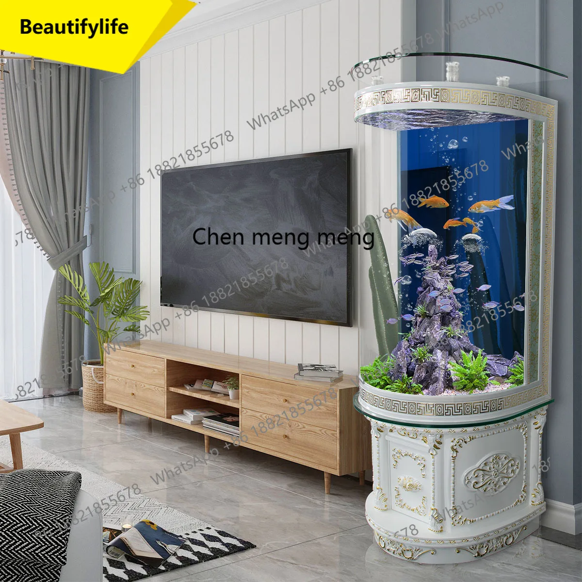 X188 Semicircular large household fish tank floor-to-ceiling glass ecological water-free, turtle tank landscaping against the wa