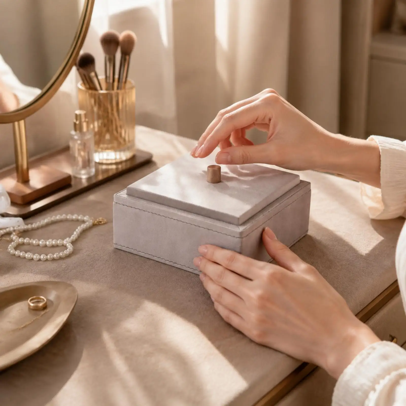 Square Jewelry Storage Box Multi-Purpose PU Leather Jewelry Box with Wooden Knob Structured Compact for Dressing Table, Vanity