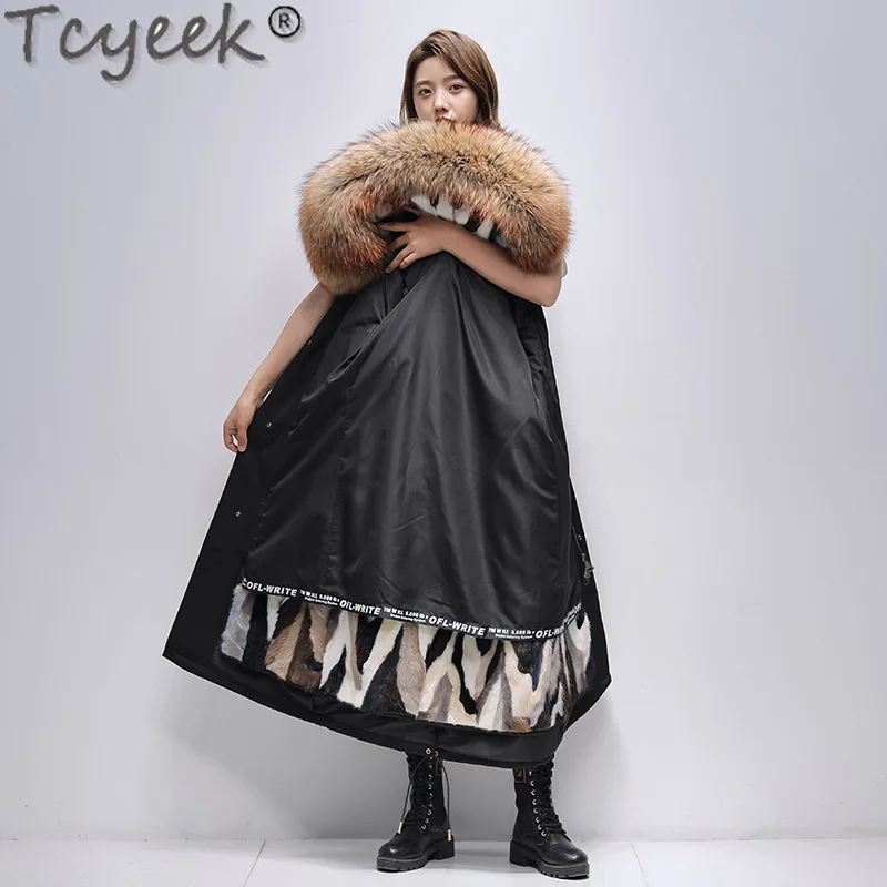 Tcyeek Women's Natural Fur Parka Winter Jackets for Women Clothes Fashion Mink Fur Liner Coat Warm Raccoon Fur Collar Mid-long