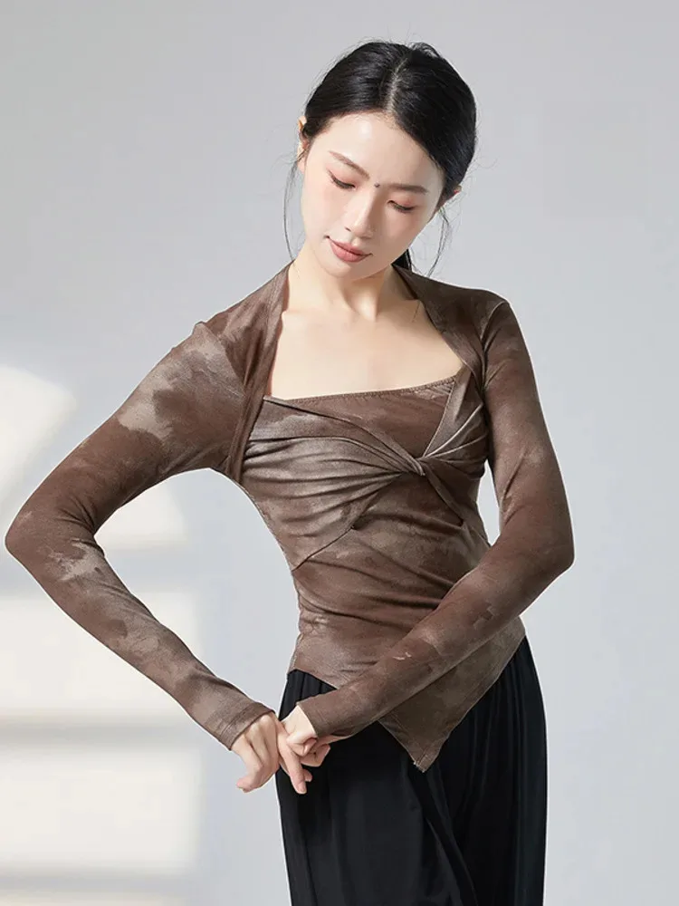 Tie Dye Slim Fit Ballet Dance Top for Women, Long Sleeve Square Neck Asymmetrical Shirt for Training and Artistic Performances