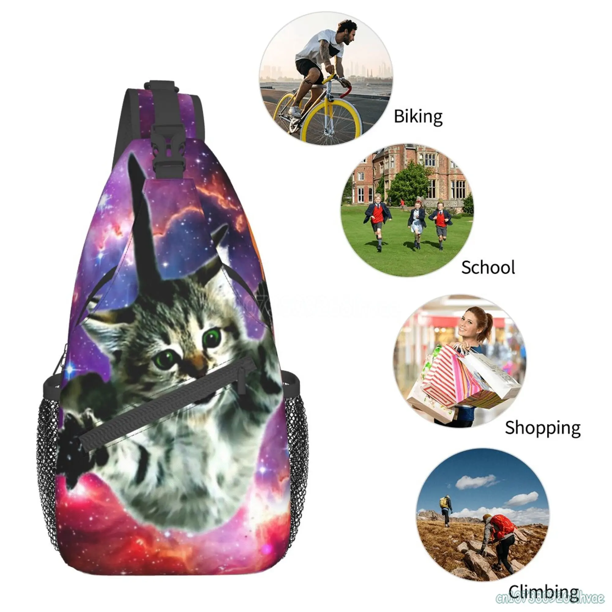 Galaxy Space Kucing Memegang Tas Selempang Anjing Panas Tas Dada Lucu Selempang Ransel Travel Hiking Daypack untuk Olahraga Kasual