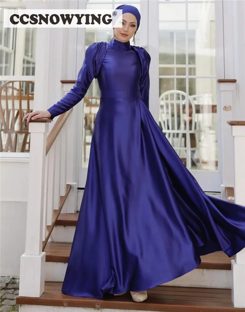 

Royal Blue Long Sleeve Muslim Evening Dress Satin High Neck Hijab Islamic Formal Party Gown Arabia Dubai Kaftan Robe De Soiree