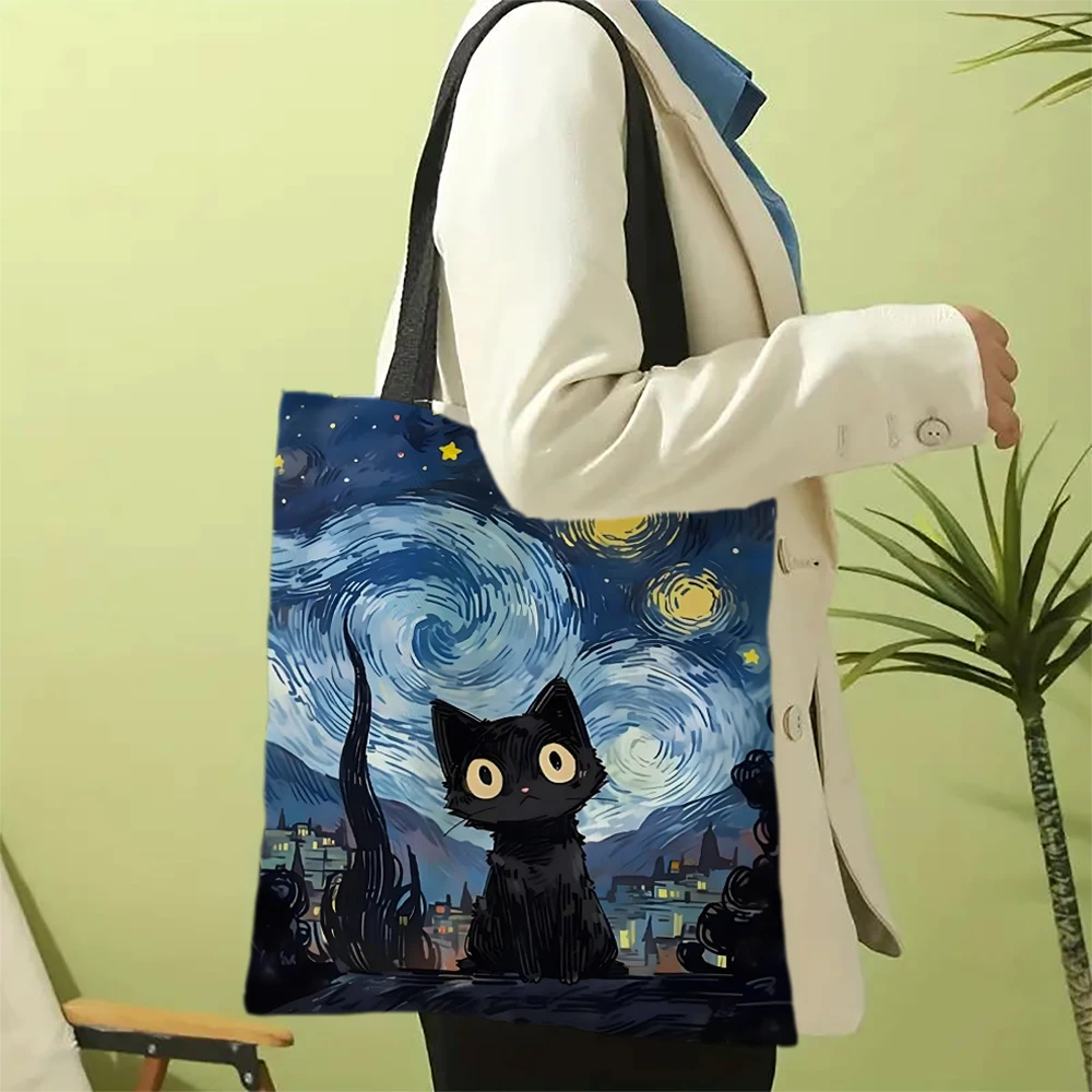 1 Stück süße Cartoon-Katze-Umhängetaschen, lustiges Tier, die Sternennacht, Umhängetaschen, lässige modische Tasche, multifunktionale Handtasche – Detail 3