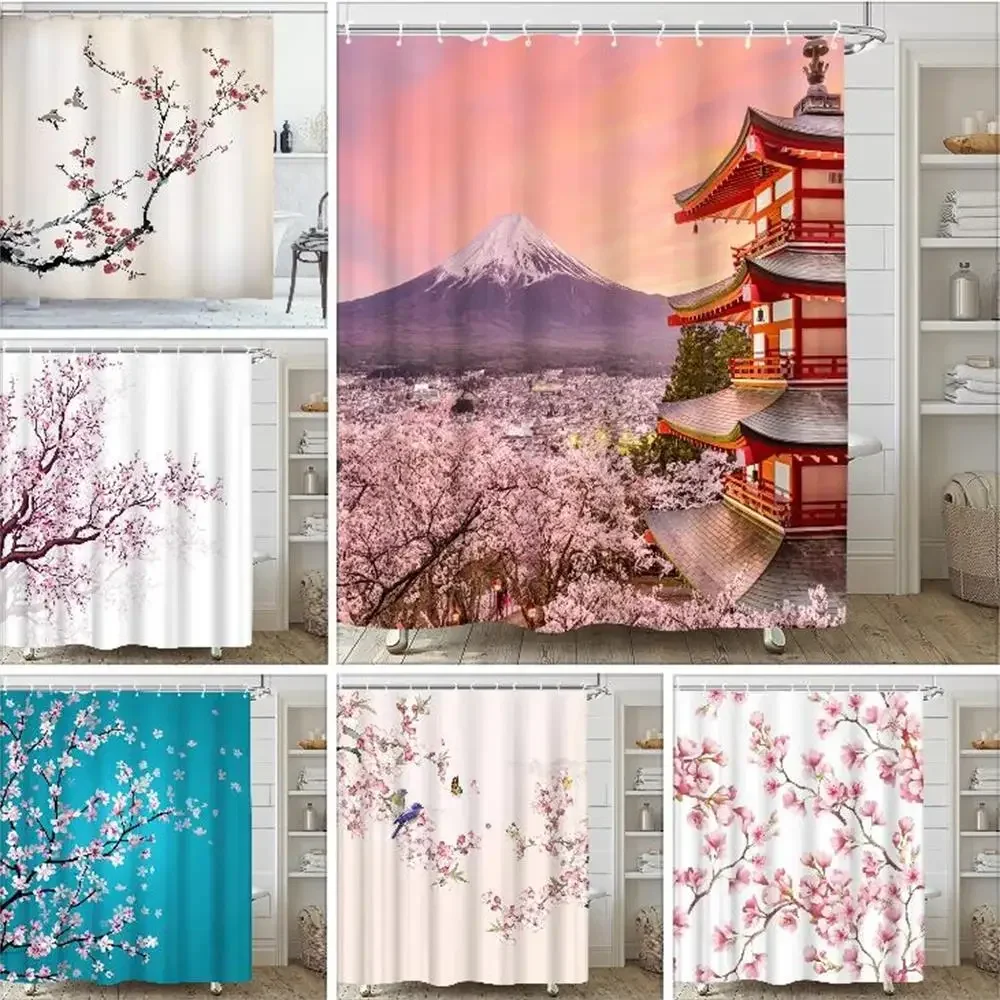 Pink Sakura Flowers Shower Curtains Japanese Cherry Blossoms Trees Floral Rustic Garden Landscape Fabric Print Bathroom Decor