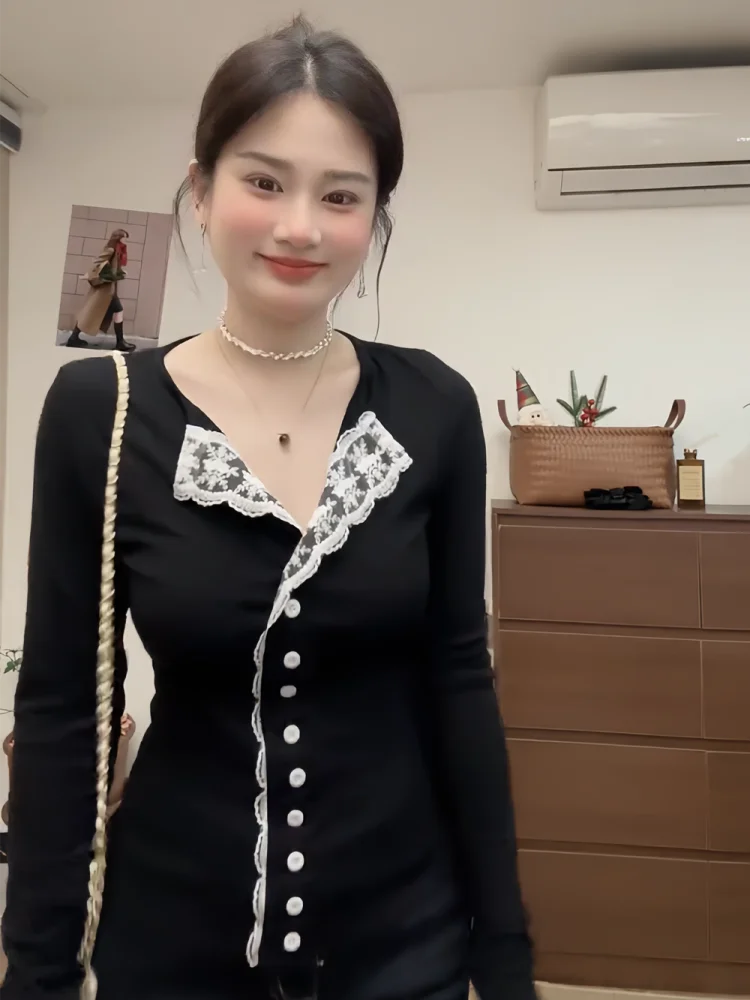 

Pure Desire Lace Splice V-Ne Knitted Open Cardigan Women's Autumn Winter Slimming Long Sve Base irt Top Ci Walk Soft...