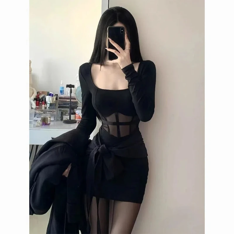 Hot Girl Royal Sister Temperament Black Mesh Dress Women Short Skirt