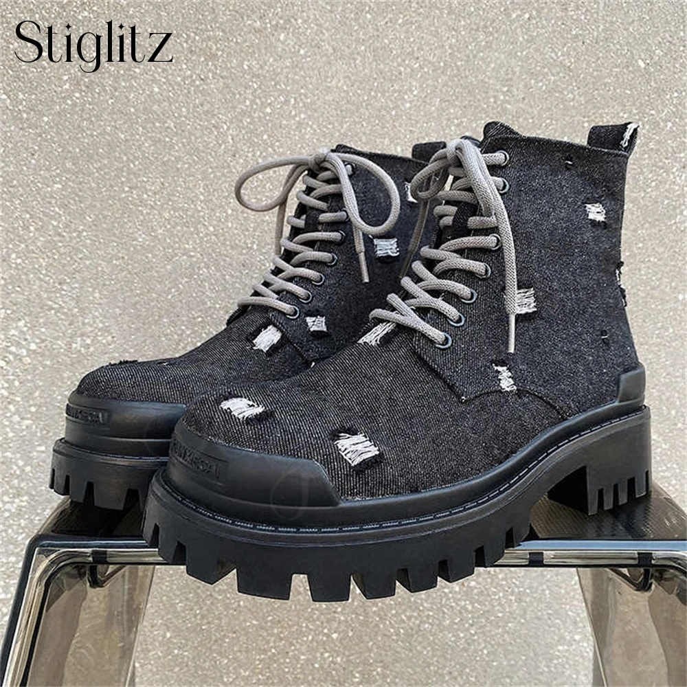 Black Denim Ripped Ankle Boots Round Toe Lace up Boots Fashionable Punk Style Modern Short Boots for Men Designer Style Booties